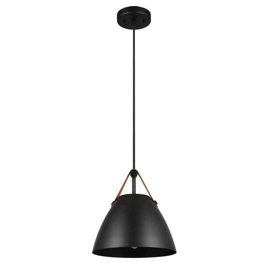 1-Light Pendant Light, Matte Black, Faux Leather Strap, Black Braided Fabric Designer Cord, Black Canopy, Pendant Light
