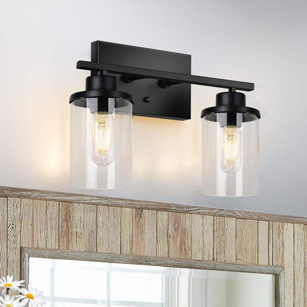 GoYeel Lunvera 14.61 in. 2-Light Black Farmhouse Bathroom Vanity Light with Clear Glass Shade