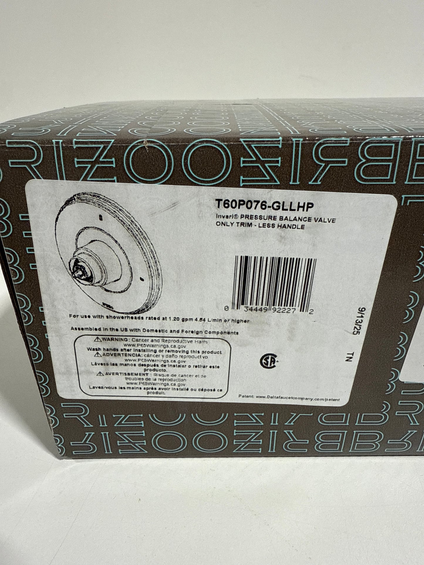 Brizo T60P076-LHP Invari Single Function Pressure Balanced Valve Trim Only Less Rough in and Handle -