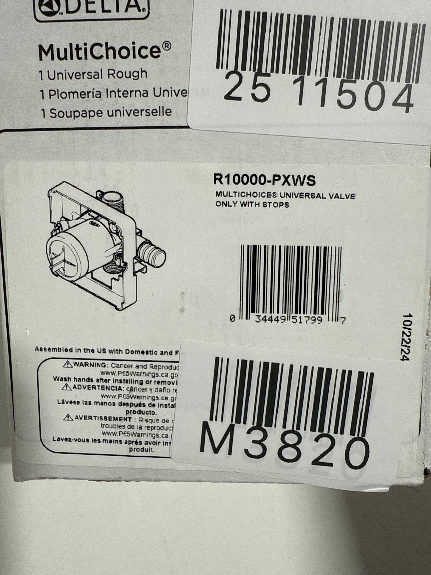 Delta R10000-PXWS Universal Mixing Rough-in Valve with Service Stops and PEX Crimp Inlets and Universal 1/2’’ Outlets