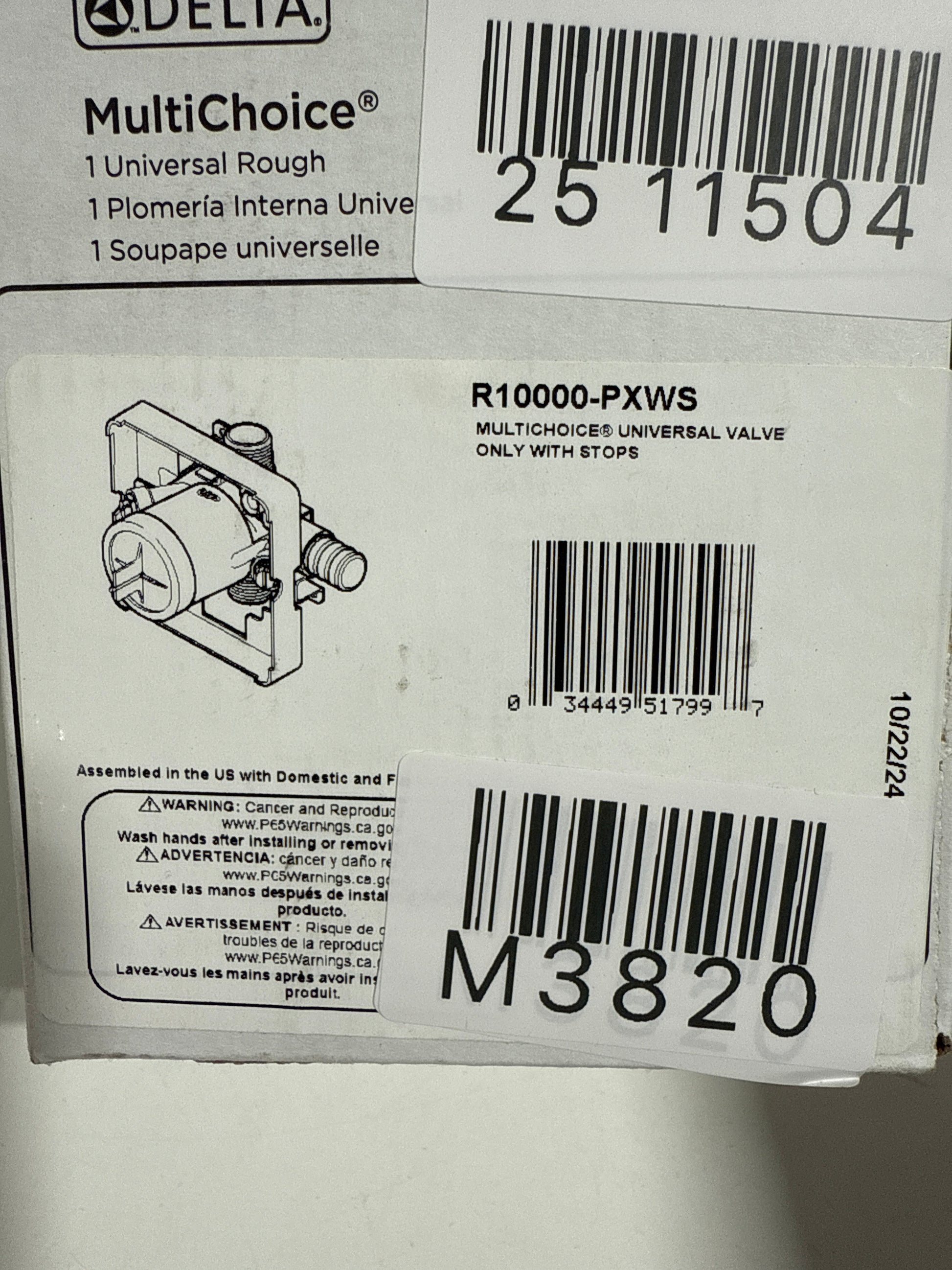 Delta R10000-PXWS Universal Mixing Rough-in Valve with Service Stops and PEX Crimp Inlets and Universal 1/2’’ Outlets