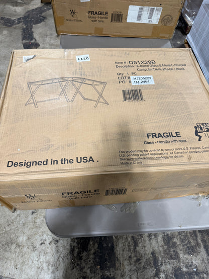 Walker Edison Wright Modern X Leg Glass Top Corner Gaming Desk, 51 Inch, Black