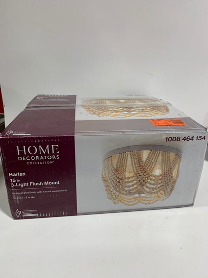 Harlan 15 in. 3-Light Brushed Grey Flush Mount with Natural Real Wood Beads