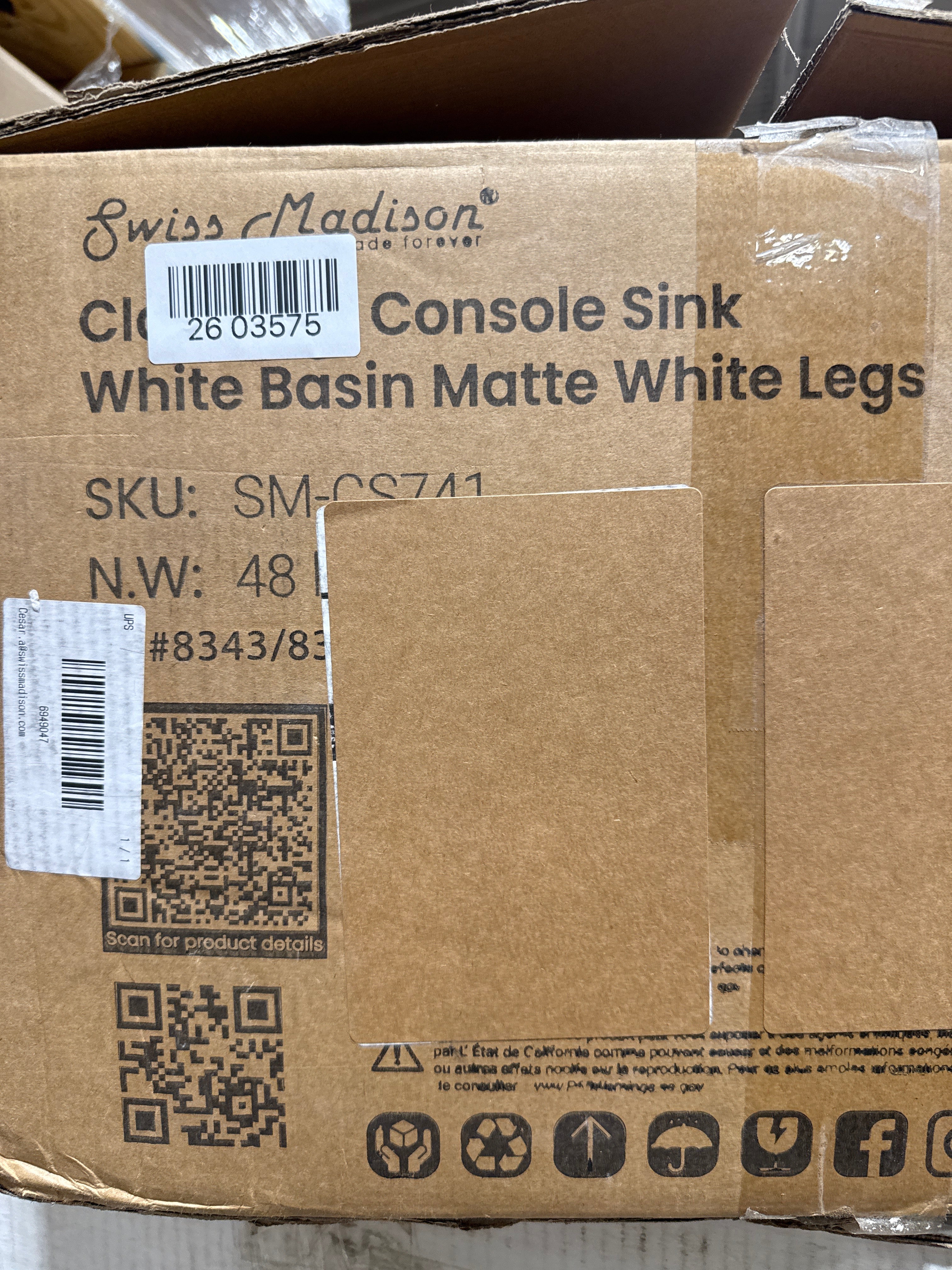 Swiss Madison Claire Ceramic Console Sink White Basin Matte White Legs, 24 Inch (SM-CS741)