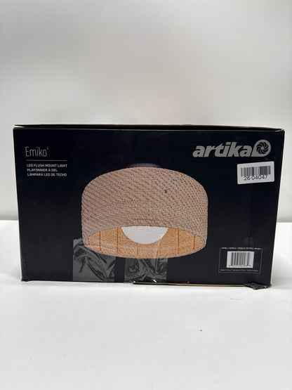 Emiko 15 in. 1 Light Black and Rattan 5CCT Integrated Selectable LED Flush Mount Ceiling Light