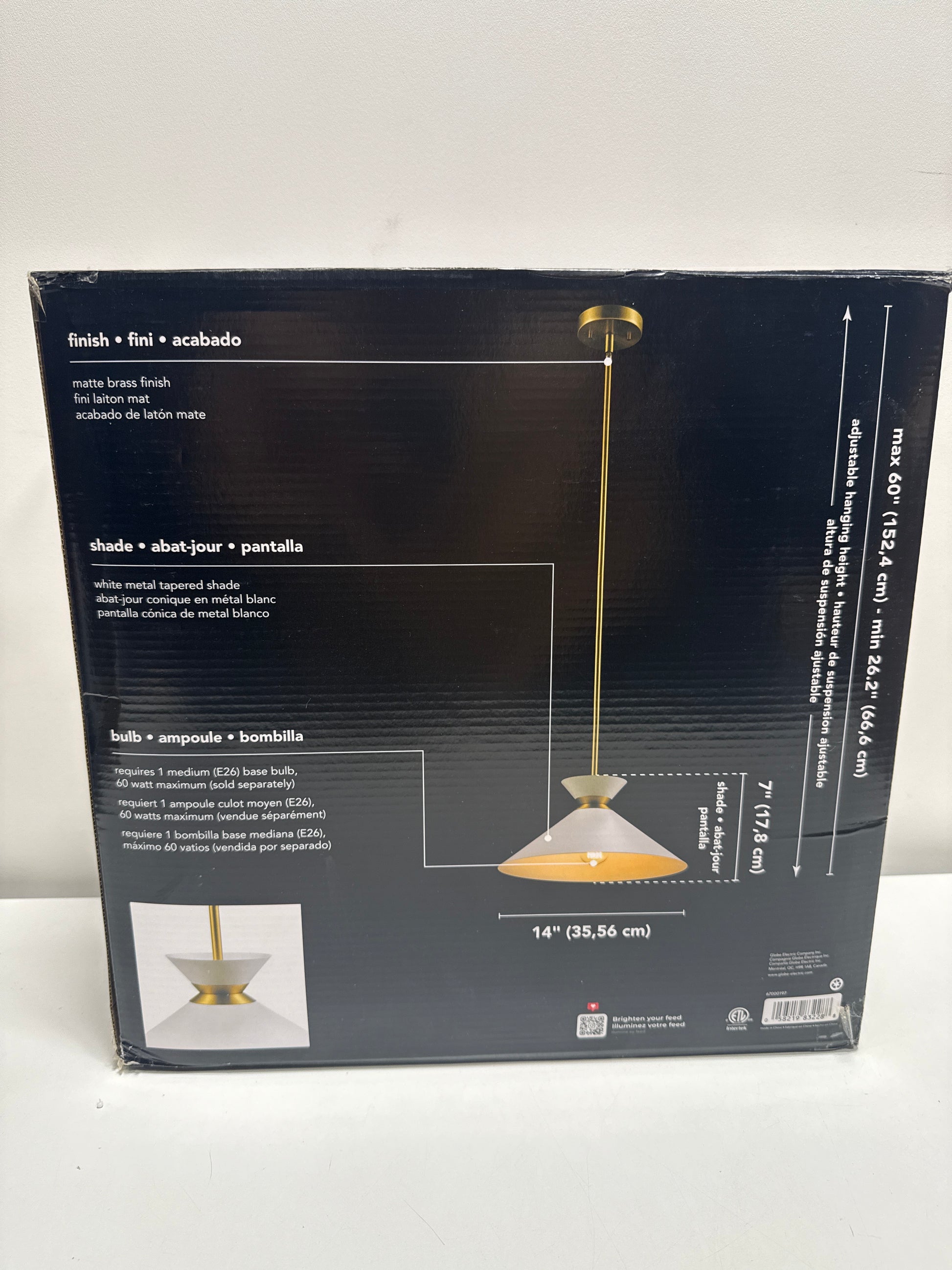 GLOBE Electric 1-Light Pendant Light Matte Brass Finish White Tapered Metal Shade with Ring Detail Adjustable Rods