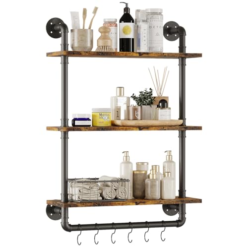 Huhote 3 Tier Industrial Pipe Shelf Rustic Wood Floating Shelves，Rustic Wall Mount Bookshelf, 23.6 Inch