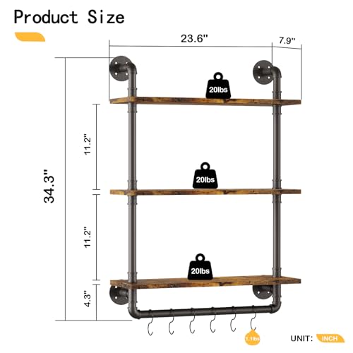 Huhote 3 Tier Industrial Pipe Shelf Rustic Wood Floating Shelves，Rustic Wall Mount Bookshelf, 23.6 Inch