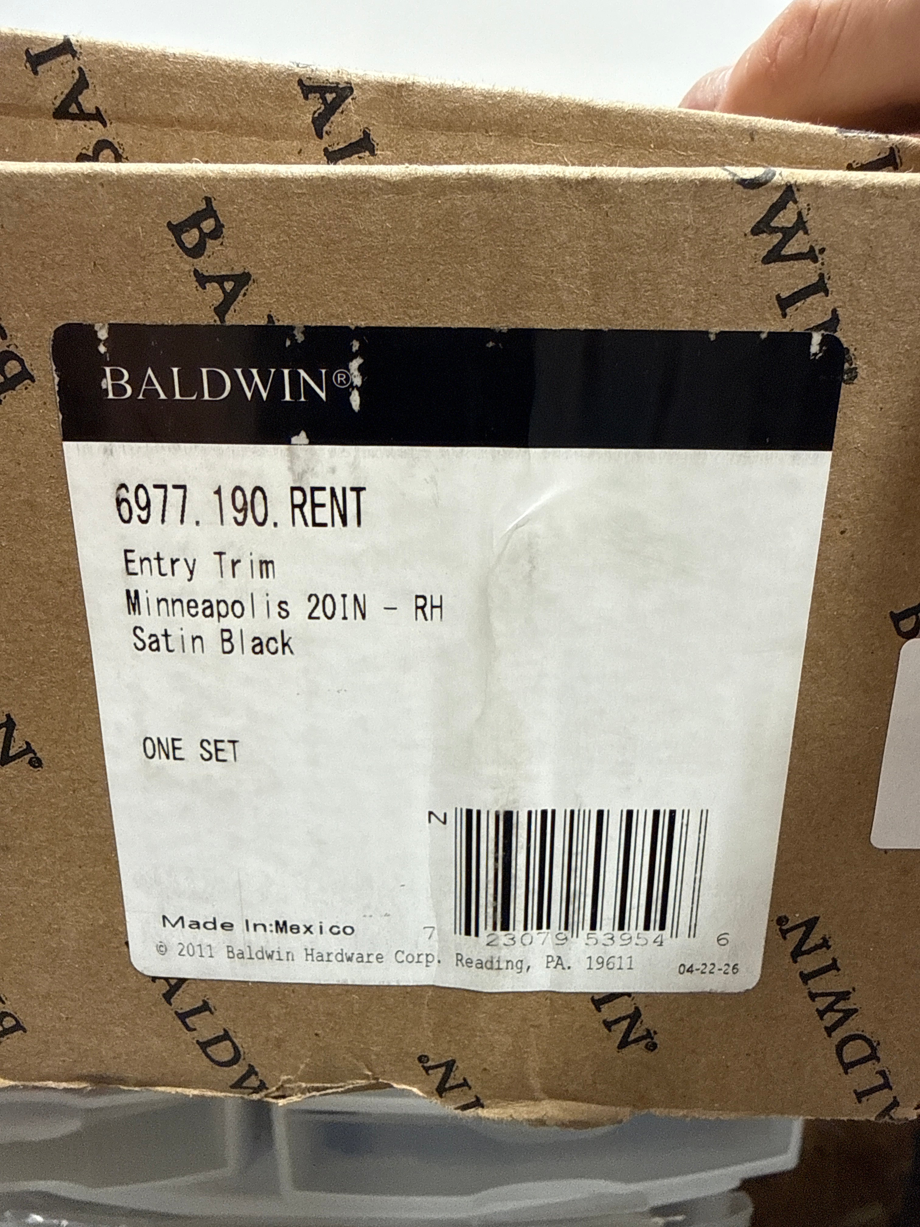 Baldwin 6977.RENT Minneapolis Right Handed Full Plate Single Cylinder Keyed Entry Mortise Handleset Trim from the Estate Collection Satin Black Door