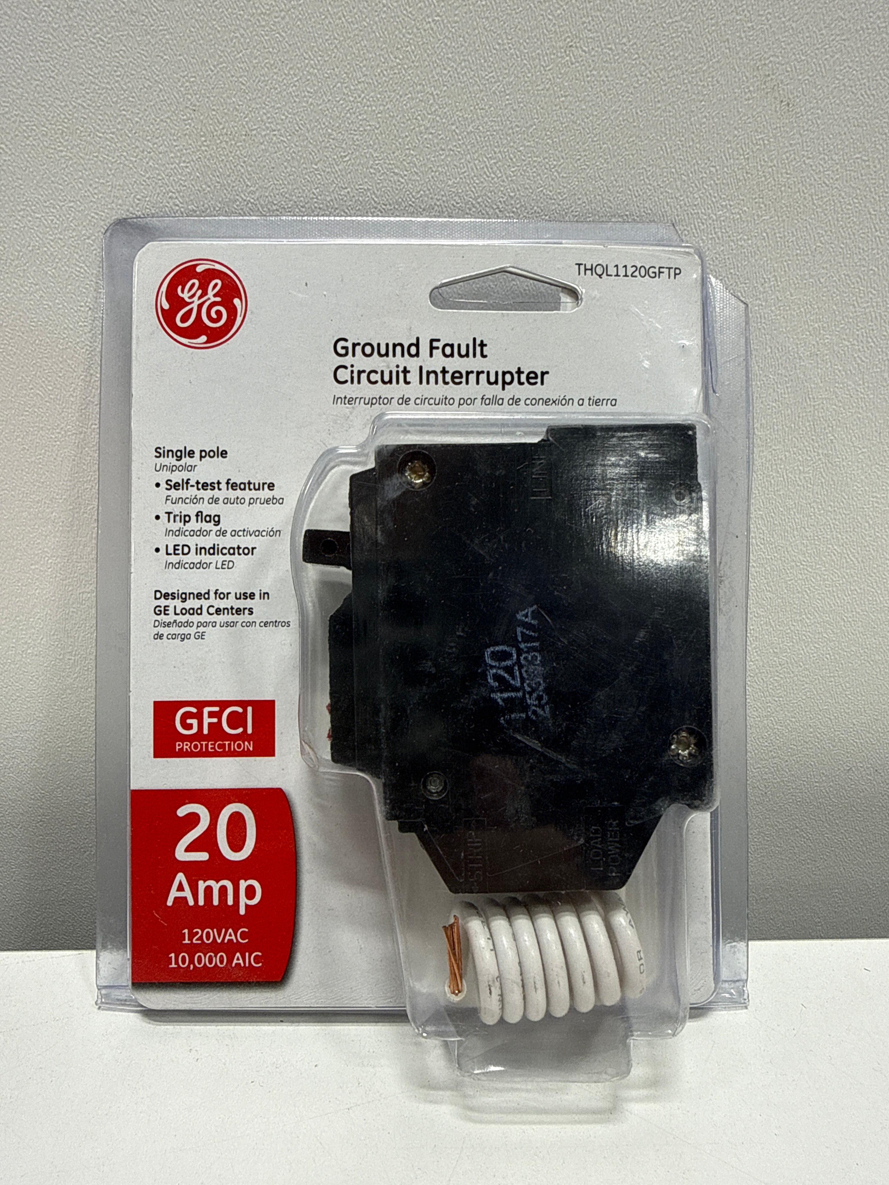 GE Industrial Ground Fault Breaker THQL1120GFTP, Single Pole, 20 Amp, Self Test