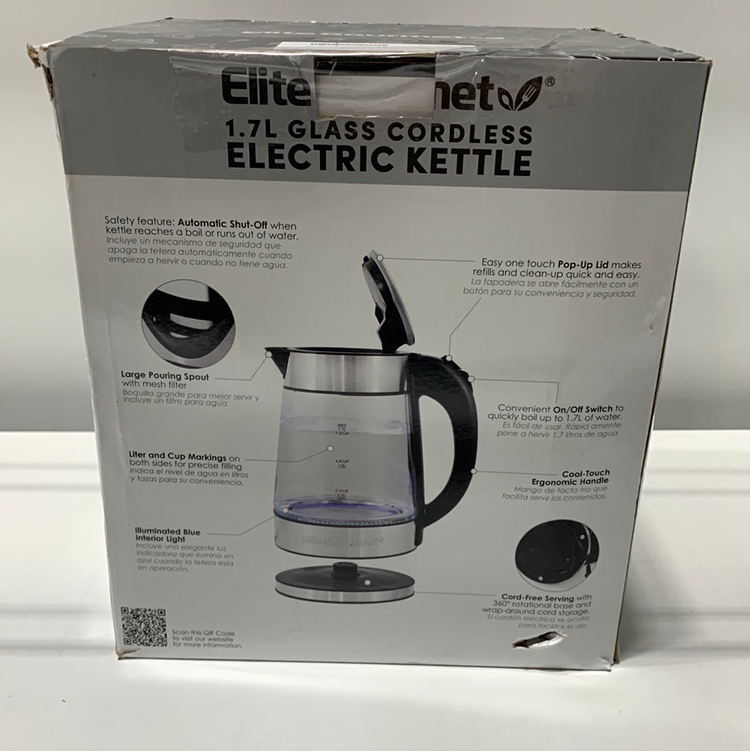 Elite Platinum Platinum 1.7 L Stainless Steel Cordless Glass Electric Kettle, Black