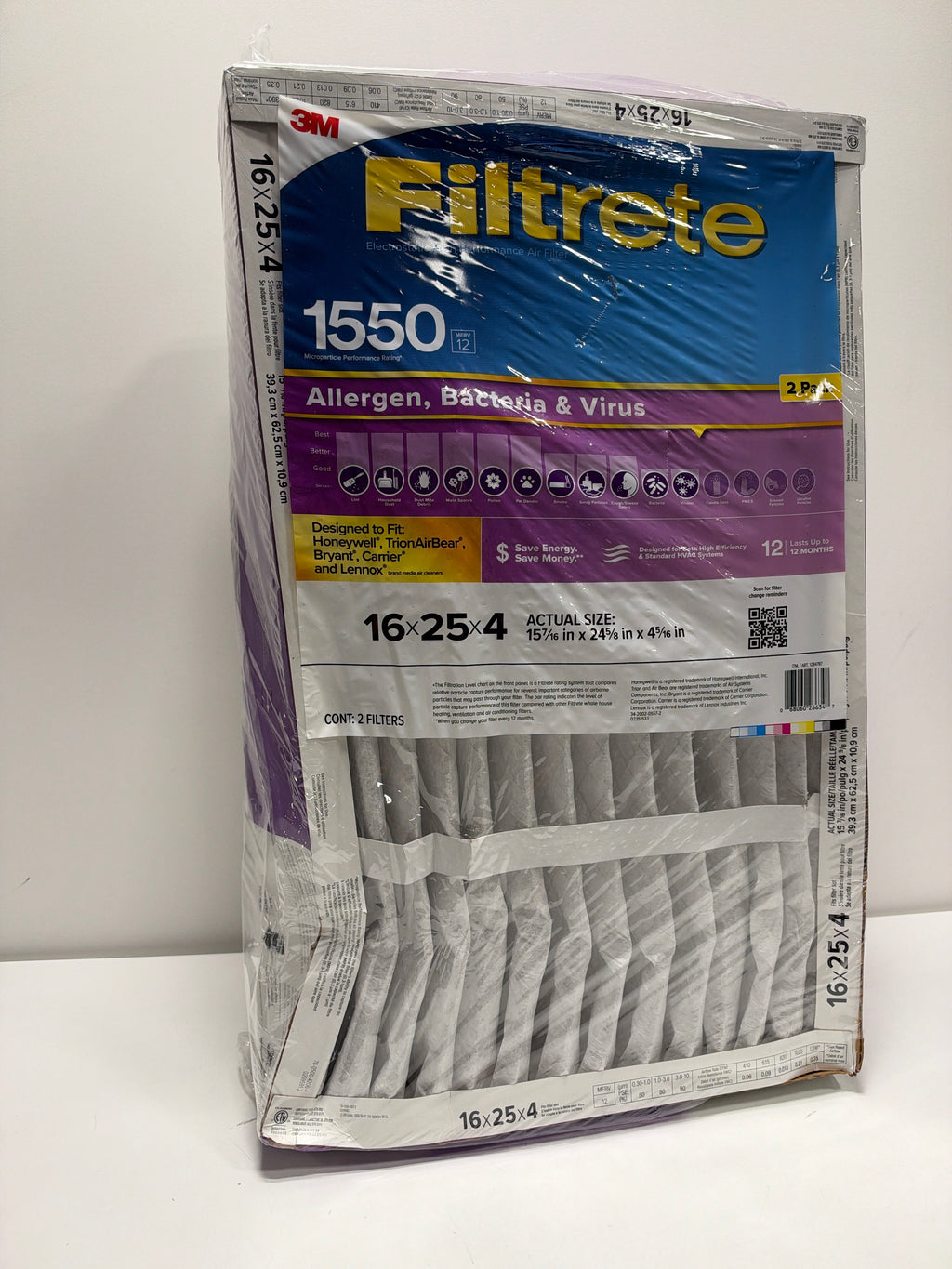 2 x See Desc Filtrete 16 x 25 x 4 HVAC Furnace Air Filter MPR 1550 MERV 12 Ultra Allergen Reduction