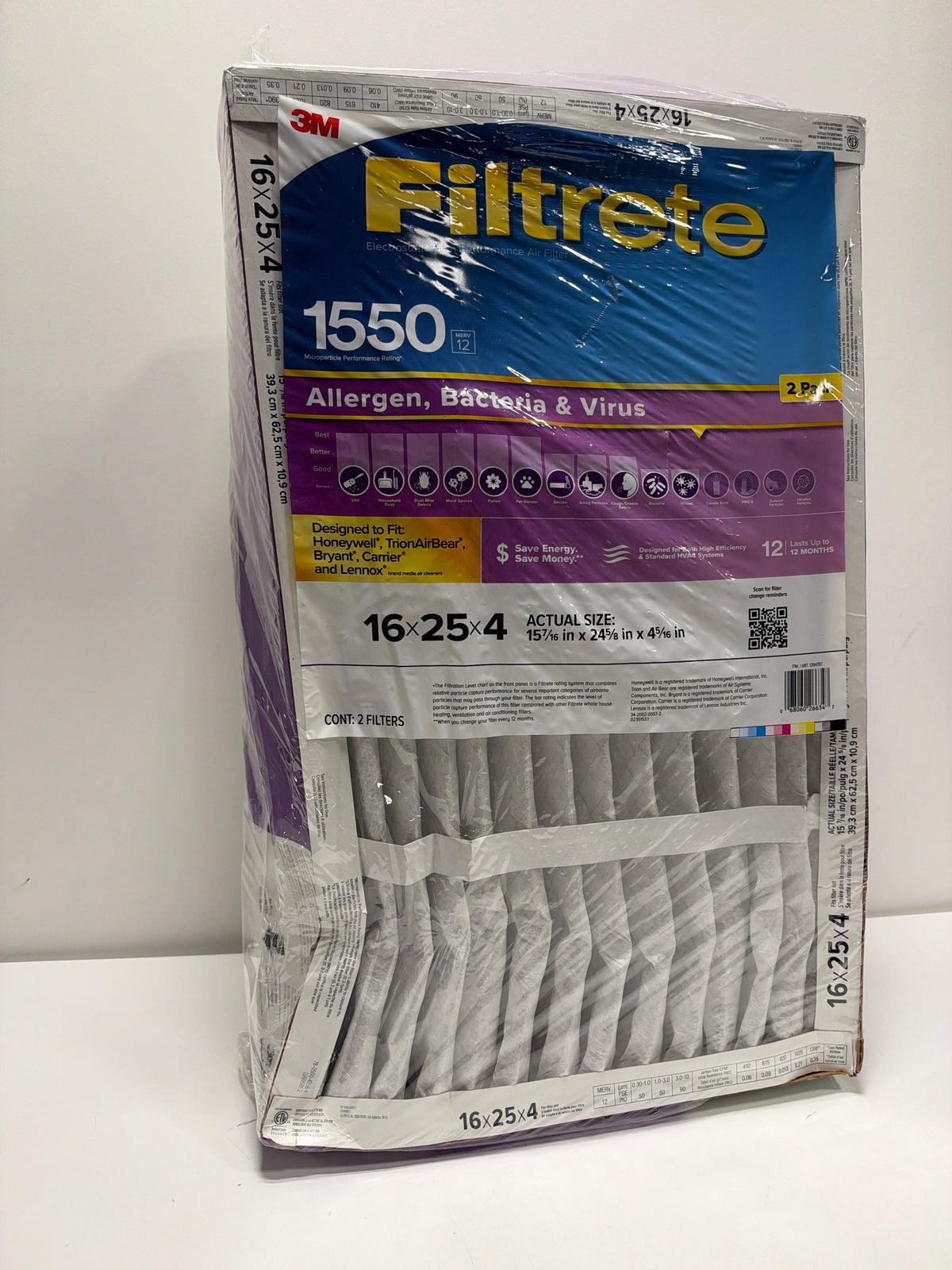 2 x See Desc Filtrete 16 x 25 x 4 HVAC Furnace Air Filter MPR 1550 MERV 12 Ultra Allergen Reduction
