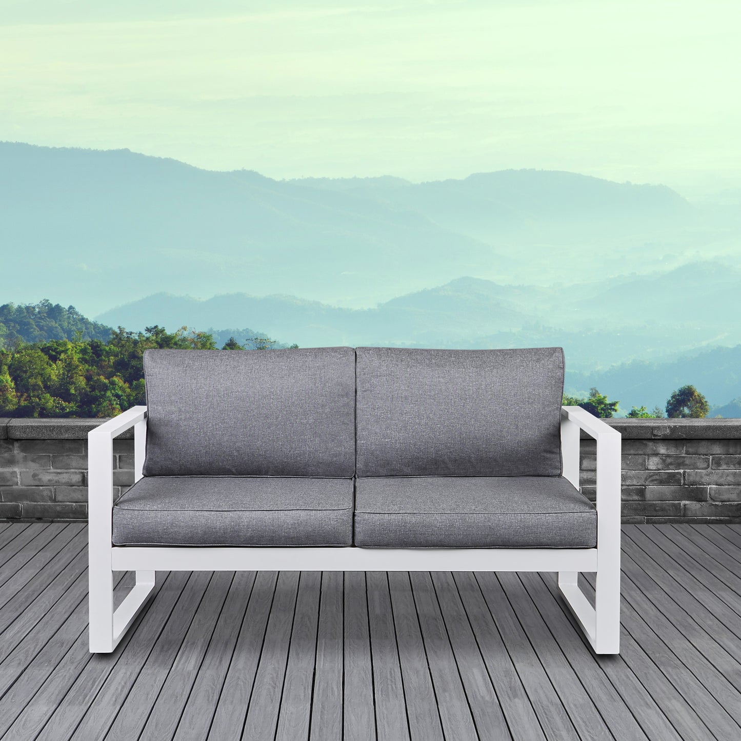 Real Flame Baltic White Aluminum Outdoor Loveseat with Grey Cushions