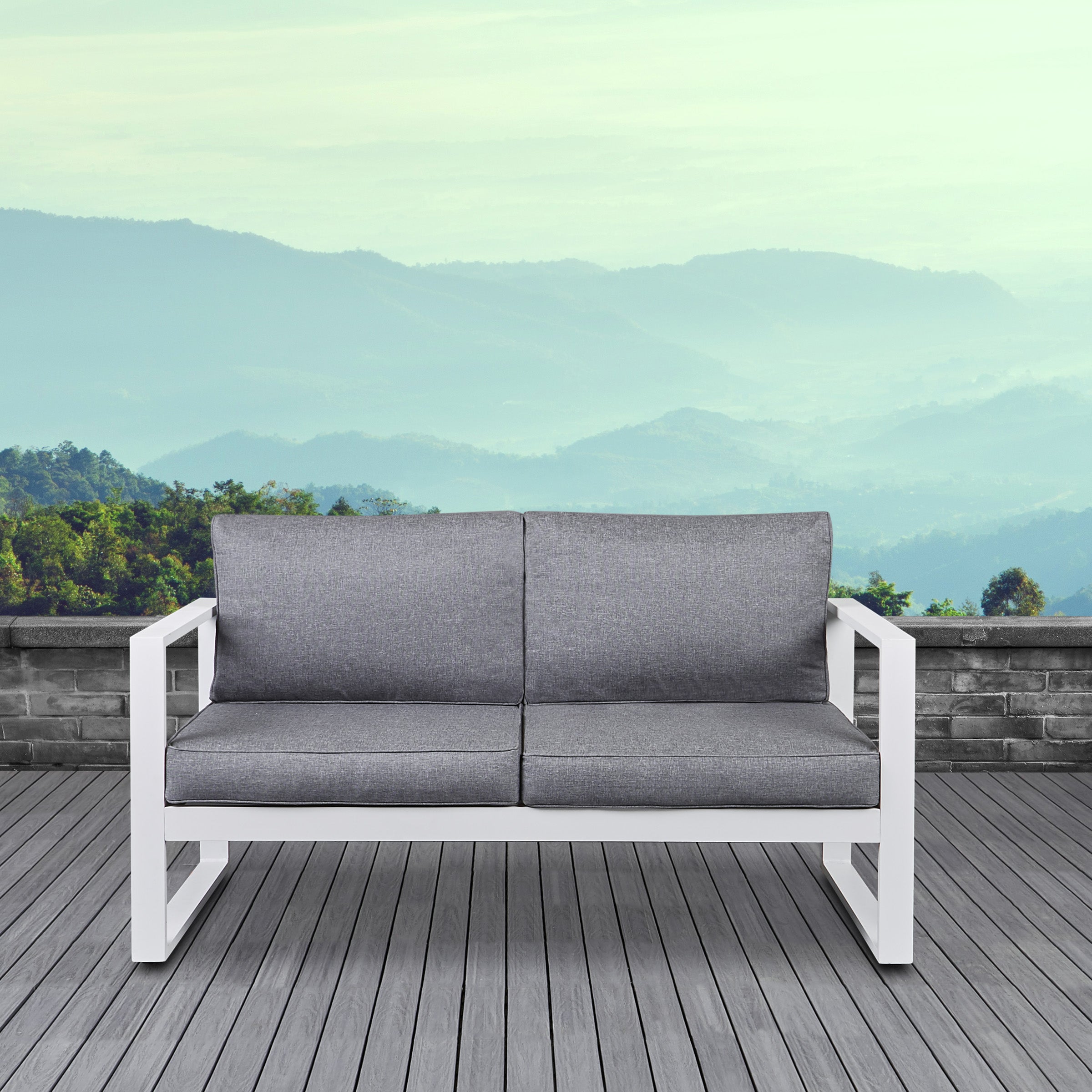 Real Flame Baltic White Aluminum Outdoor Loveseat with Grey Cushions