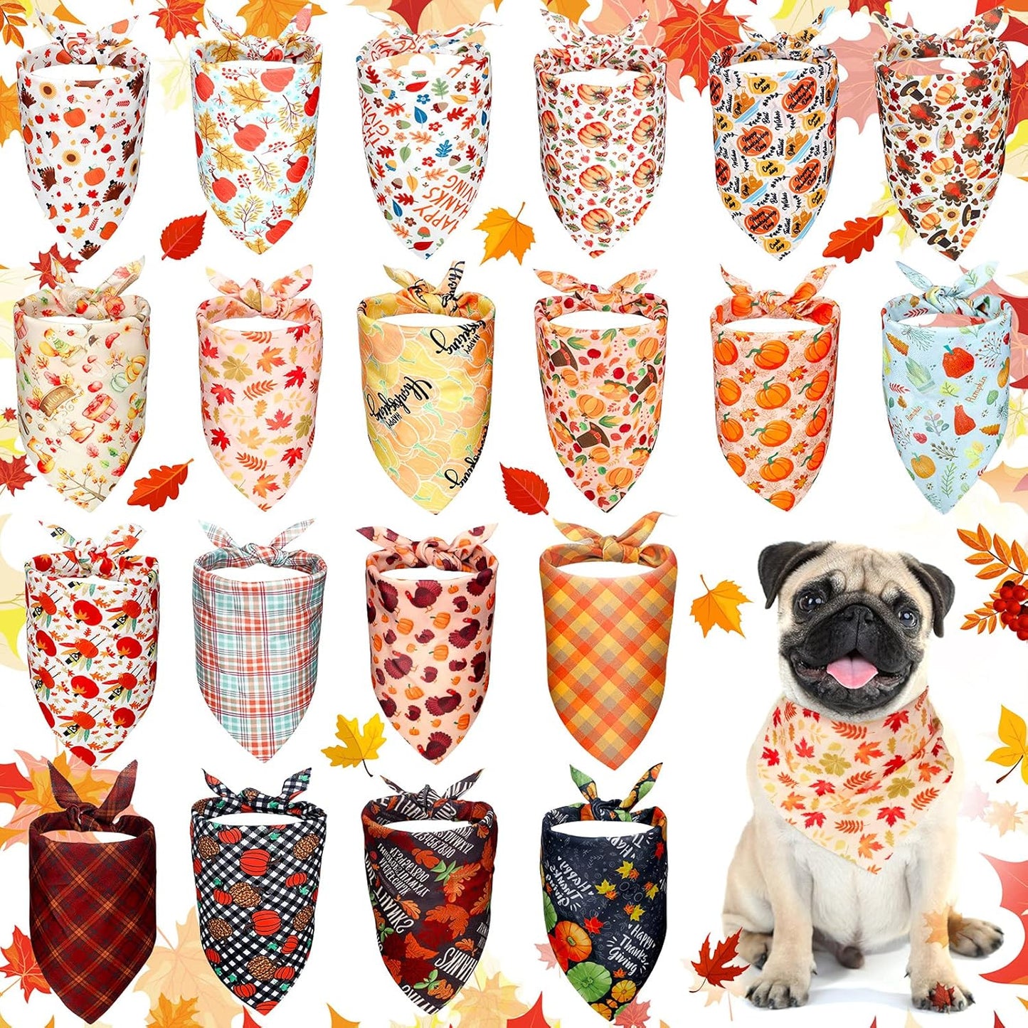 Frienda 20 Pieces Thanksgiving Dog Bandana Fall Pet Bandana Adjustable and Reversible Triangle Scarf Turkey Maple Leaf Pumpkin Kerchief Autumn Pattern Dog Handkerchief for Small to Medium Pet