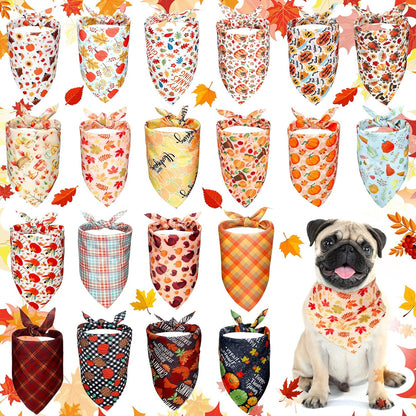 Frienda 20 Pieces Thanksgiving Dog Bandana Fall Pet Bandana Adjustable and Reversible Triangle Scarf Turkey Maple Leaf Pumpkin Kerchief Autumn Pattern Dog Handkerchief for Small to Medium Pet