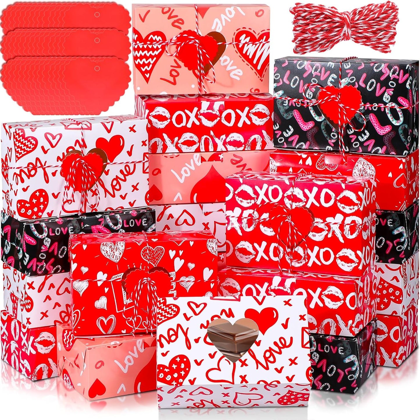 Glenmal 100 Pcs Mother's Day Bakery Treat Boxes Heart Cookie Boxes with Gift Cards and Rope 7.8x4.7x2.75'' Cupcake Containers with Window Dessert Gift Containers for Wedding Birthday Party