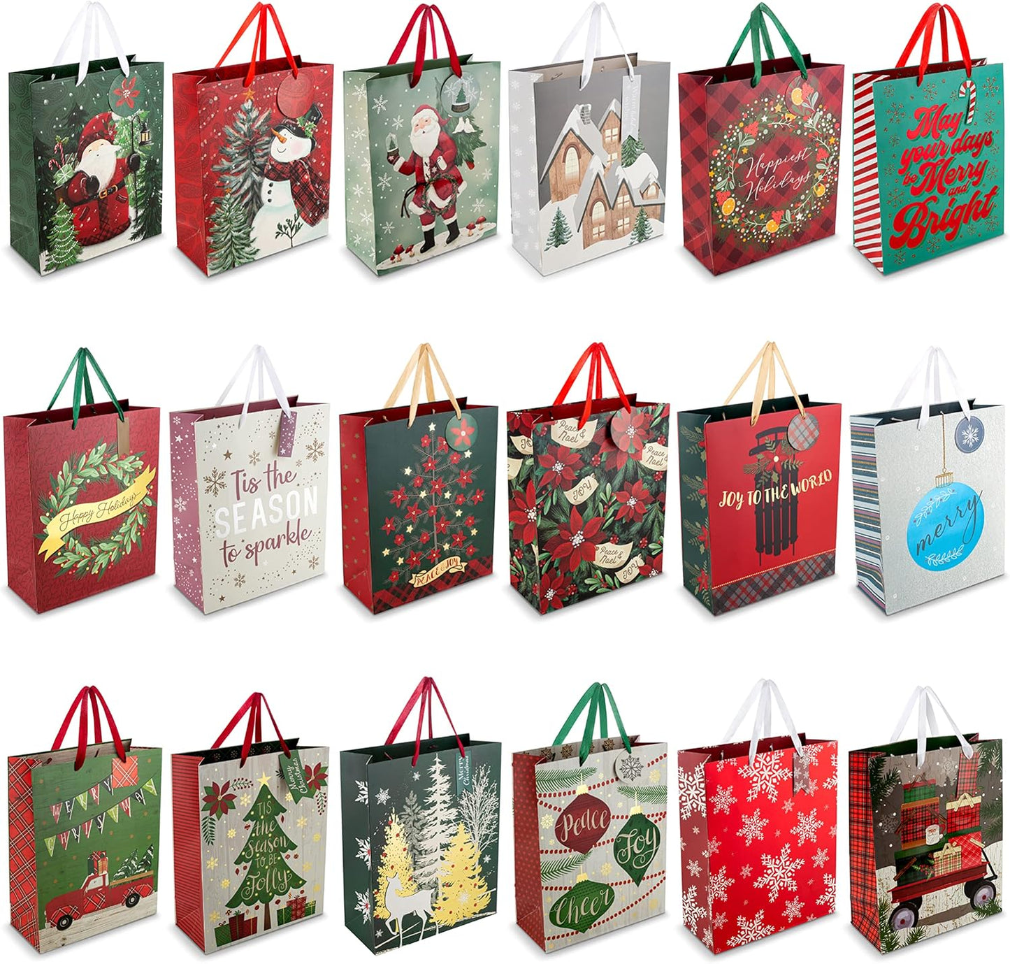 Bulk Bags - Large - 18 Creative Elegant Designs - Large Christmas Bags for Gifts with Christmas Tissue Paper