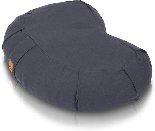 Crescent Meditation Cushion Grey/Maroon Half-Moon Yoga Pillow; Organic Cotton Zafu Cover & Zipper Liner to Adjust USA Buckwheat Hulls; Floor Pouf for Sitting