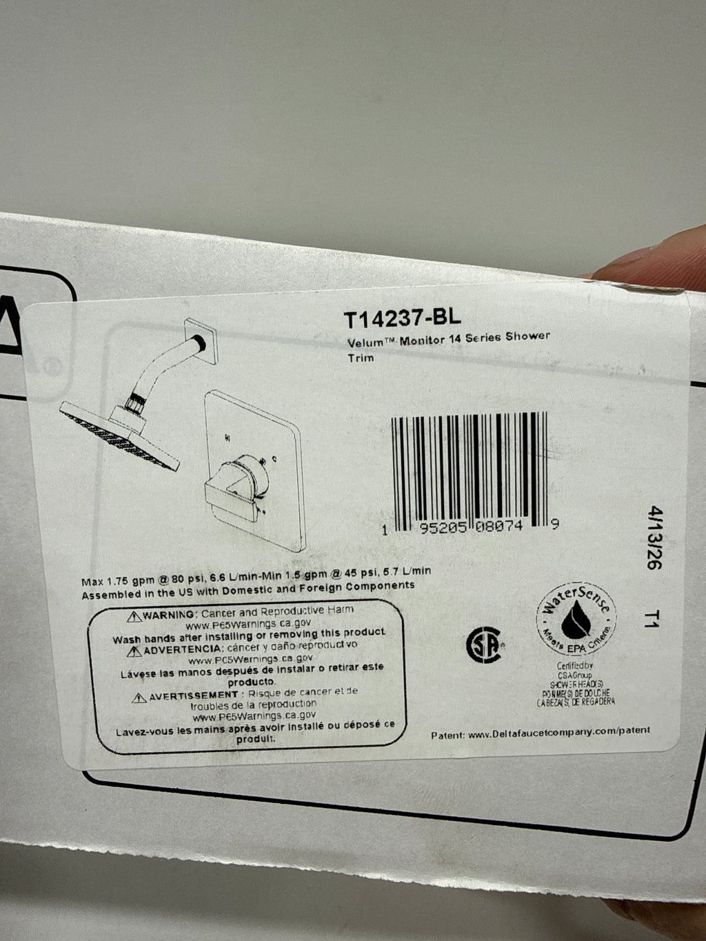 Delta T14237 Velum Shower Only Trim Package with 1.75 GPM Single Function Shower Head with Touch-Clean Nozzles Matte Black