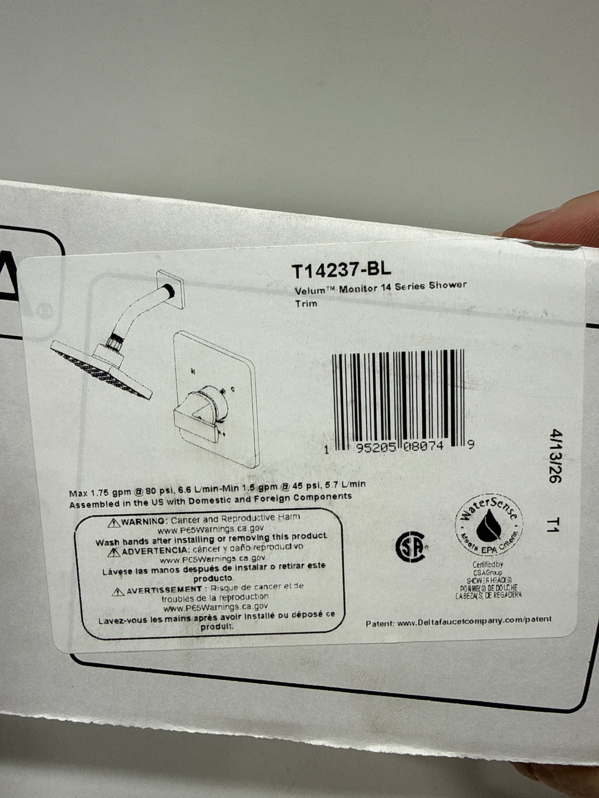 Delta T14237 Velum Shower Only Trim Package with 1.75 GPM Single Function Shower Head with Touch-Clean Nozzles Matte Black