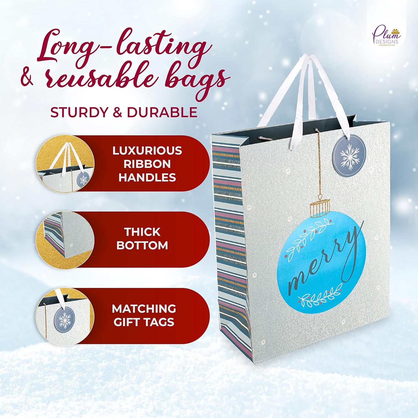 Bulk Bags - Large - 18 Creative Elegant Designs - Large Christmas Bags for Gifts with Christmas Tissue Paper