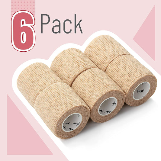 Mr. Pen- Self Adhesive Bandage Wrap, 6 Pack, Skin Colored, 2“ x 5 Yards, Cohesive Bandages, Medical Wrap, Elastic Bandage Wrap, Self Sticking Bandage Tape