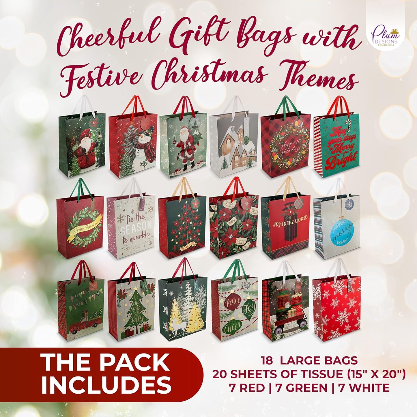Bulk Bags - Large - 18 Creative Elegant Designs - Large Christmas Bags for Gifts with Christmas Tissue Paper