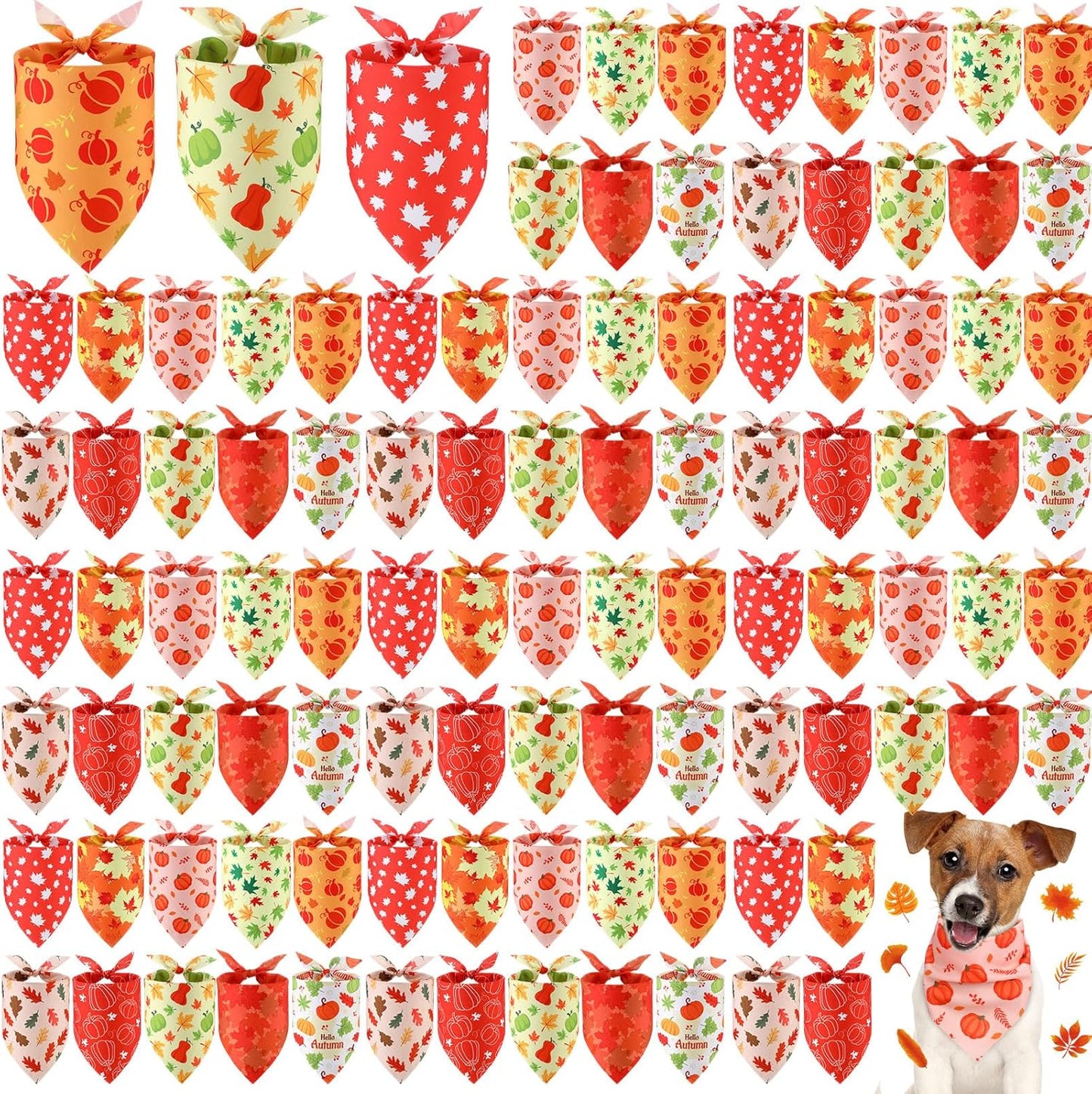 Shyyween 100 Pieces Thanksgiving Fall Dog Bandanas Bulk Maple Leaves Autumn Dogs Bandanas Soft Doggie Bibs Adjustable Triangle Scarves with Pumpkin Patterns for Small Medium Large Pet Costume