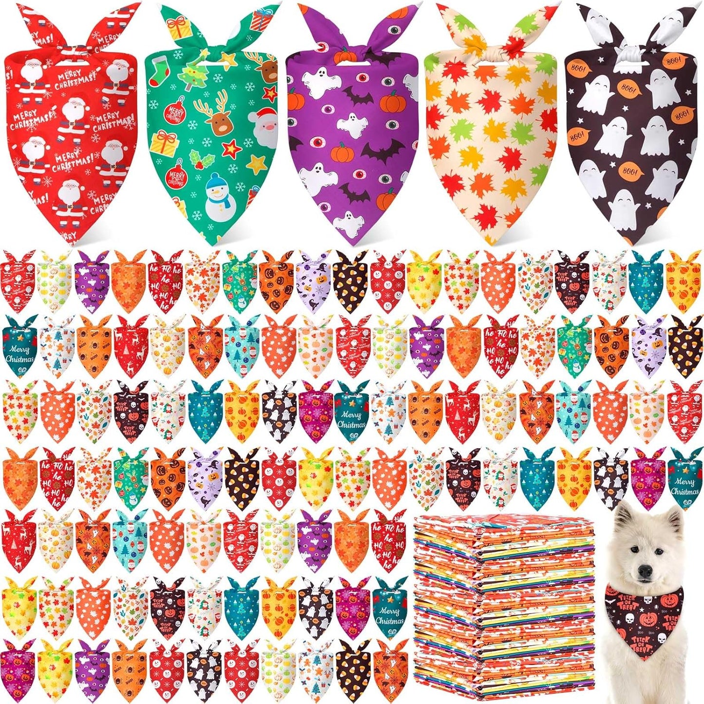 Chunful 120 Pcs Christmas Holiday Dog Bandanas Bulk for with Snowman Santa Claus, Reindeer, Stockings Adjustable Triangle Pet Scarf for Small Medium Large (25.6x17.7x17.7 in)