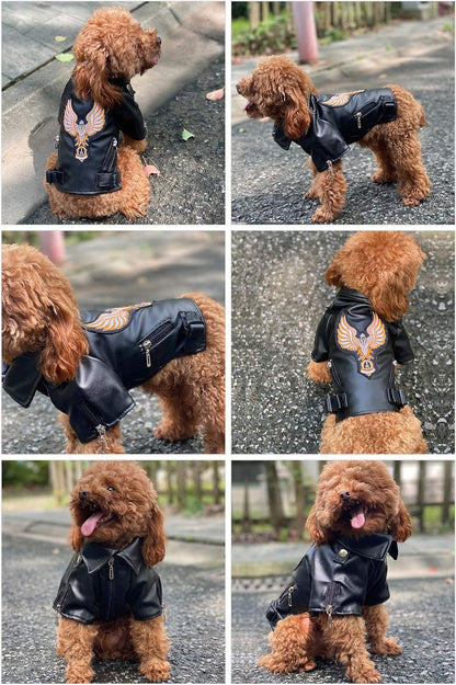 Lovelonglong Cool Dog Leather Jacket, Warm Coats Dogs Windproof Cold Weather Coats for Large Medium Small Dogs with Eagle Embroidery Black S