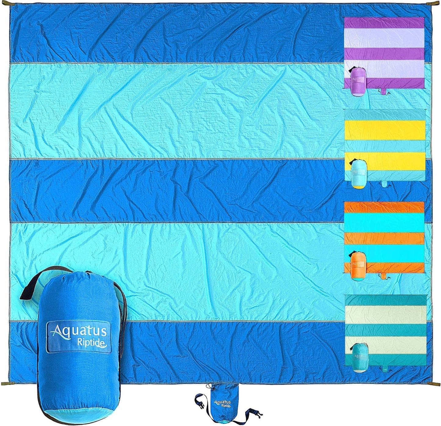 Premium XXL Beach Blanket Sandproof Water Resistant Quick Dry Mat 10ft by 9ft for 1-8 Adults with 4 Metal Stakes, 4 Corner Pockets, Secure Clip and Strap, and Attached Bag