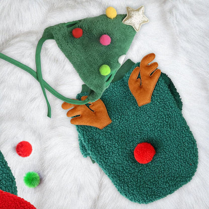 Small Dog Cat Sweater with Reindeer Antlers, Christmas Tree Hat, Sunglasses