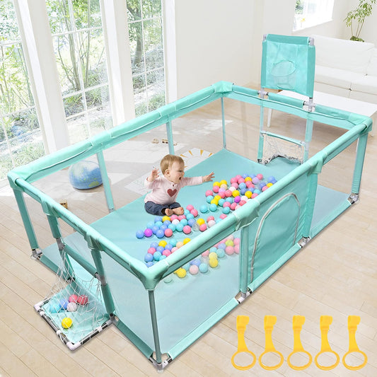 See Desc GOLDGE Extra Large Playpen 63x47x26 inch, Playpen for Babies and Toddlers, 5 pcs Pull Up Rings, Baby Play Pen, Infant Play Yard, Playard, Kids Play Area