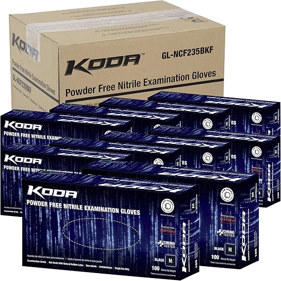 Adenna KODA Nitrile Exam, Sensitive Skin, Powder Free Disposable Gloves, 5.5 Mil, Box of 800, Black Medium, GL-NCF235BKFM