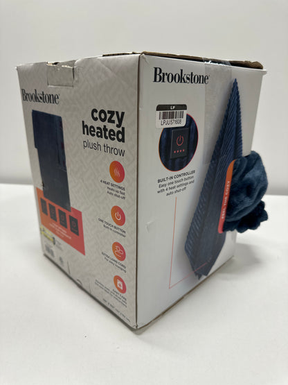 Brookstone Heated Solid Ribbed Plush Throw Navy