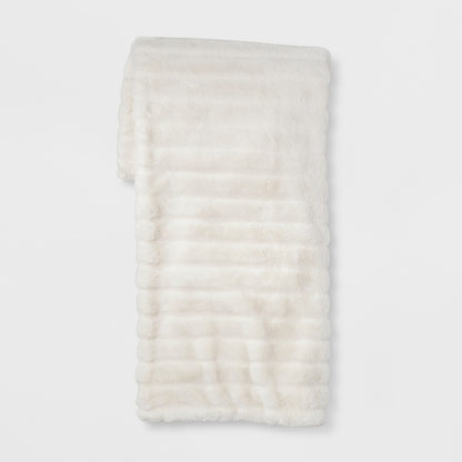 Textured Faux Fur Reversible Throw Blanket Cream - Threshold Soft Cozy for Couch & Bed - *Bedding