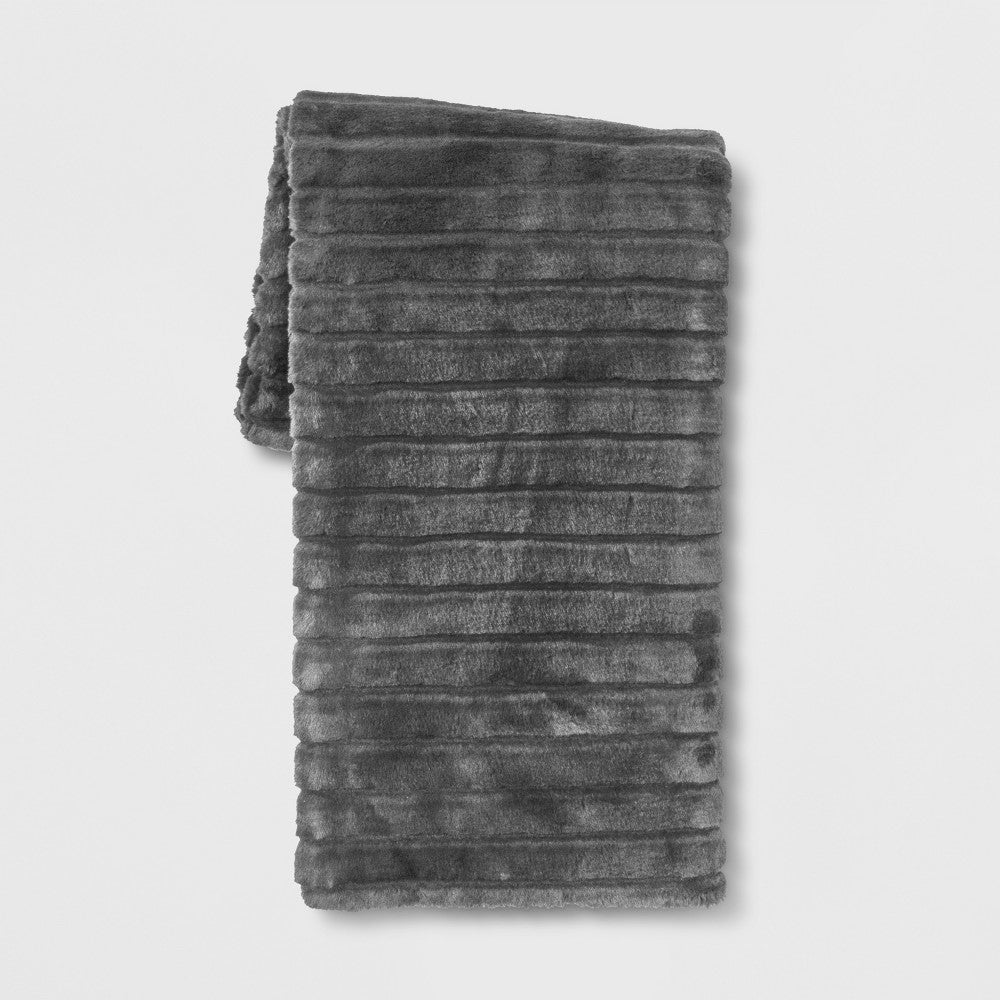 Textured Faux Fur Reversible Throw Blanket Gray - Threshold - *Bedding