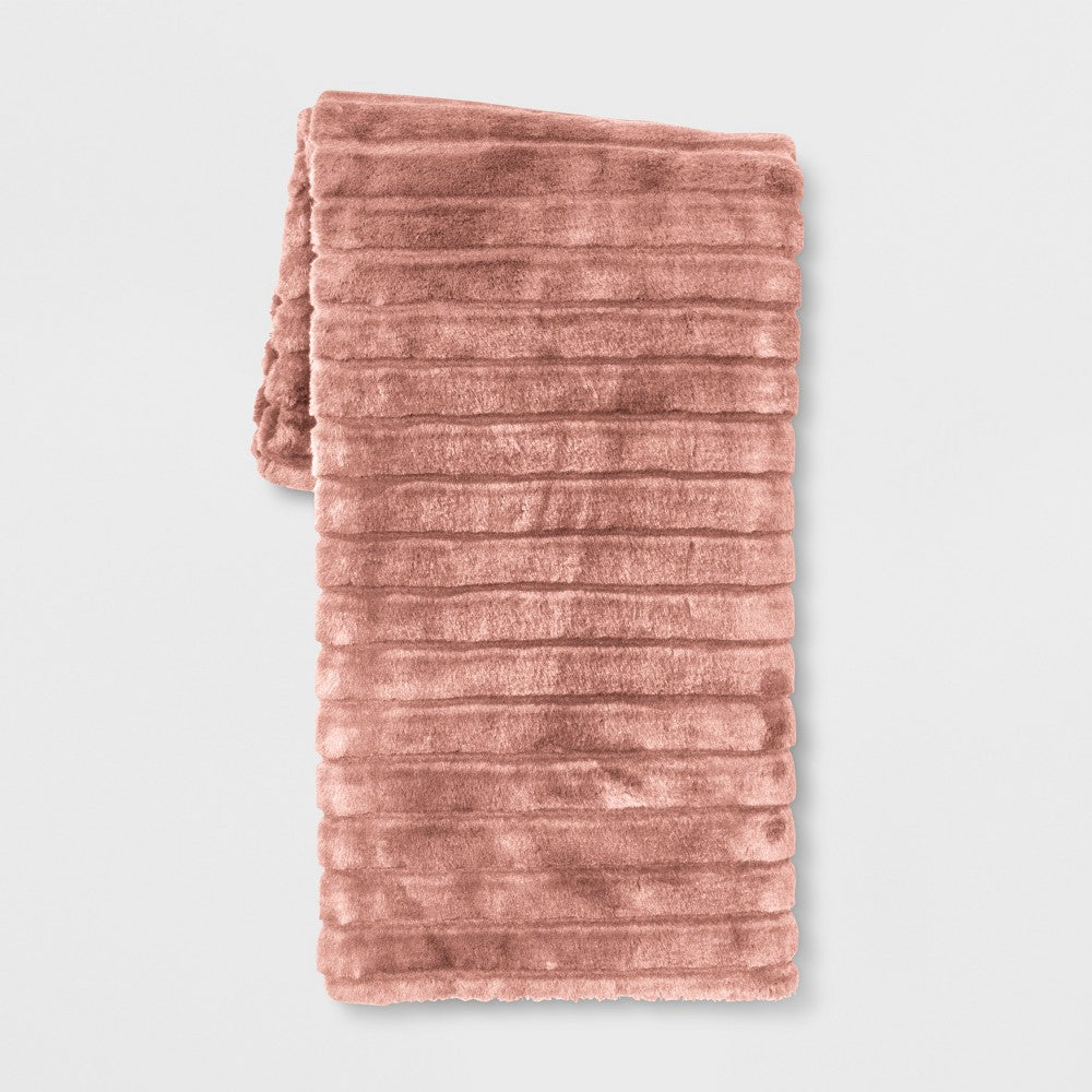 Textured Faux Fur Reversible Throw Blanket Pink - Threshold™: Soft Cozy for Couch or Bed Machine Washable - *Bedding