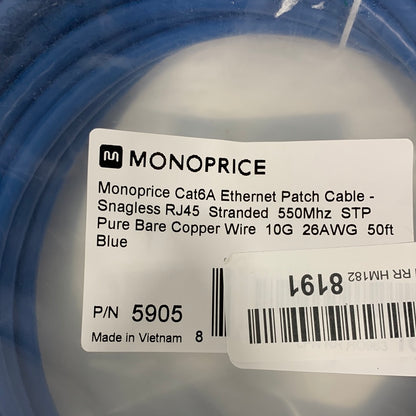Monoprice 50ft 24AWG Cat6a STP Ethernet Network Cable Blue 105905