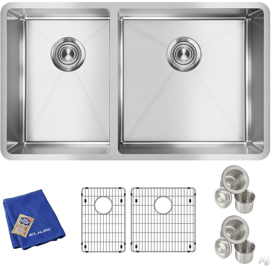 Dent Elkay Crosstown 18 Gauge Stainless Steel 31-1/2" x 18-1/2" x 9" 40/60 Double Bowl Undermount Sink Kit