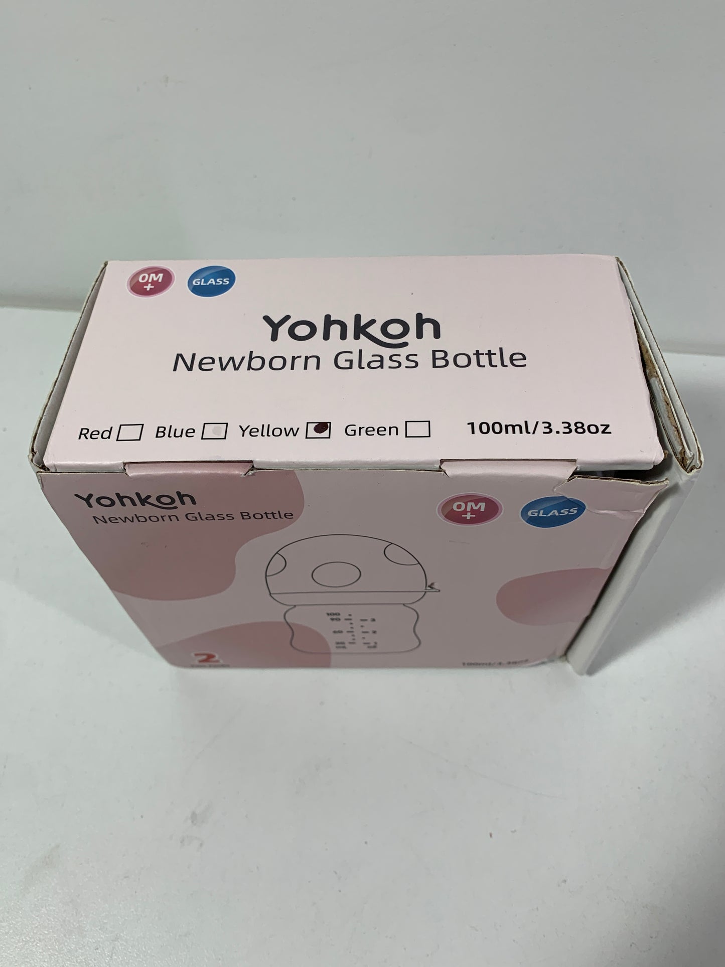 YOHKOH Natural Glass Baby Bottle with Natural Response Nipple, Newborn Anti-Colic Baby Bottles, Wide Neck Mushroom Cap Baby Bottle, Clear (Yellow, 3.4oz (Pack of 2))