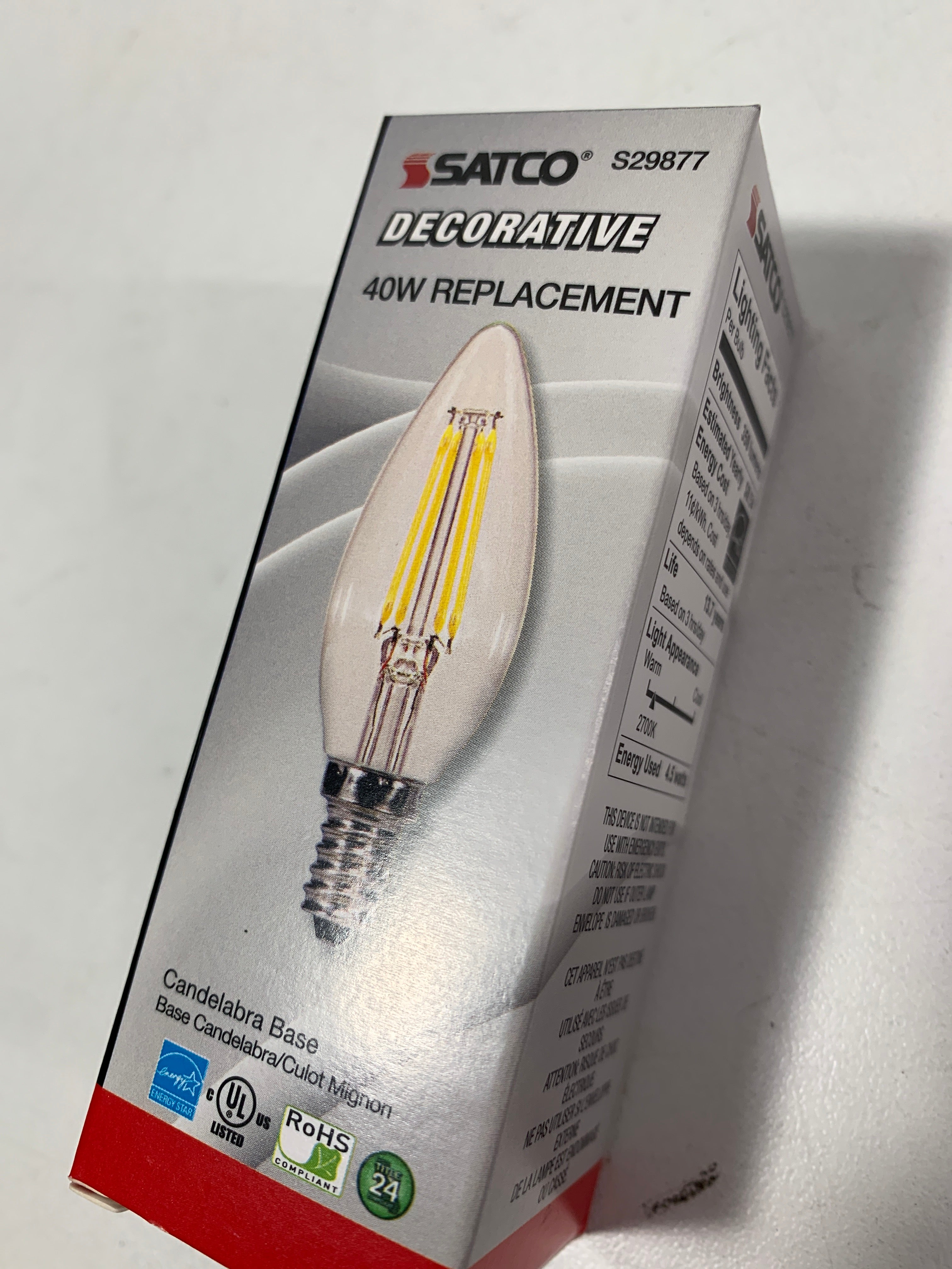 Satco 4.5w B10 Candle LED Filament E12 Candelabra Base 350lm 2700k Dimmable Bulb - *Lighting & Electrical