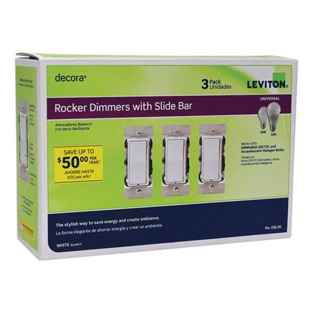 Decora 600-Watt Single-Pole/3-Way Universal Rocker Slide Dimmer, White (3-Pack) DSL06-3PW