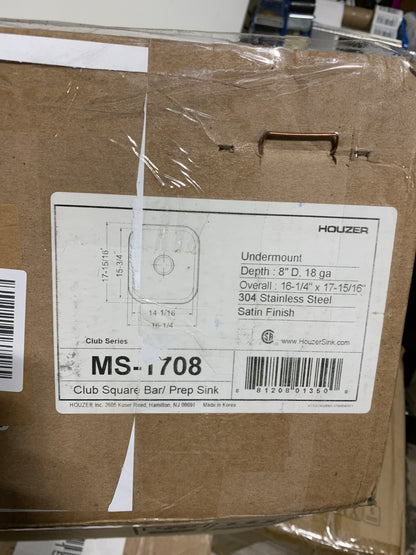 Houzer Club 17 in Stainless Steel Undermount 8 in Deep Single Bowl Bar Sink with Strainer - MS-1708-1