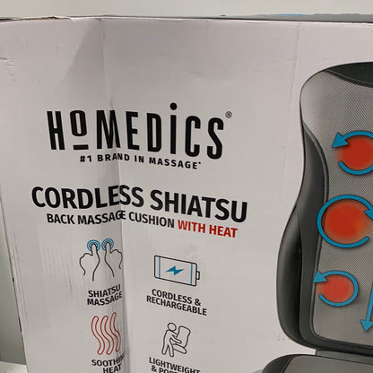 HoMedics Cordless Heated Deep Tissue Shiatsu Massage Cushion with 3 Massage Zones For Full Back Massage Coverage and Rechargeable Battery