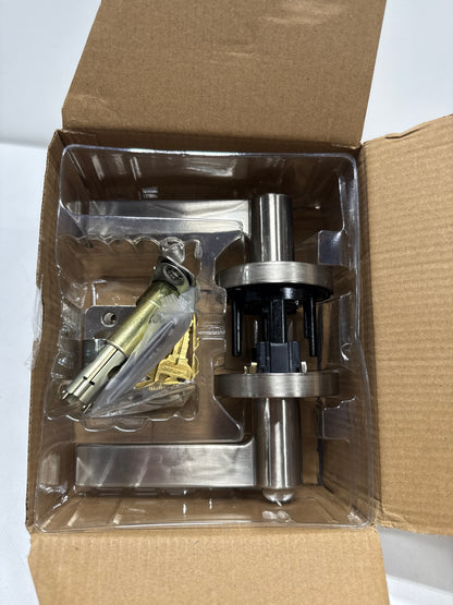 Kwikset Halifax Entry Door Handle with Lock and Key, Secure Round Keyed Reversible Lever Exterior, for Front Entrance and Bedrooms,Satin Nickel
