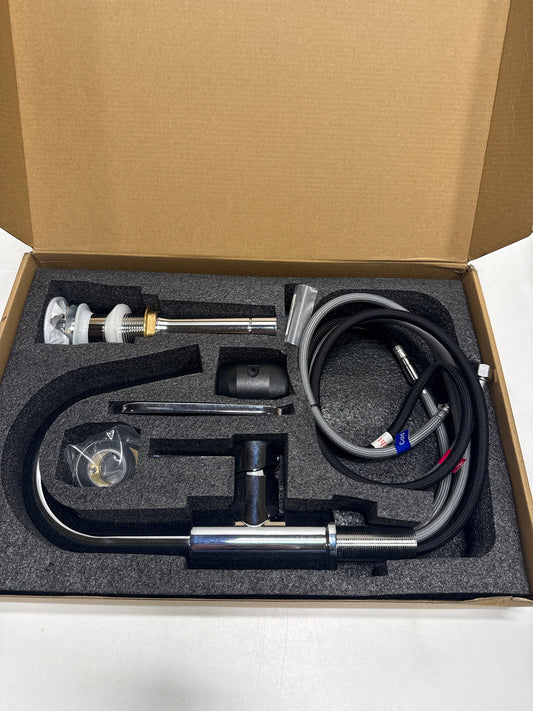 Single Handle High Arc Bathroom Sink Faucet with Pull Out Sprayer and Pop up Drain in Brushed Chrome