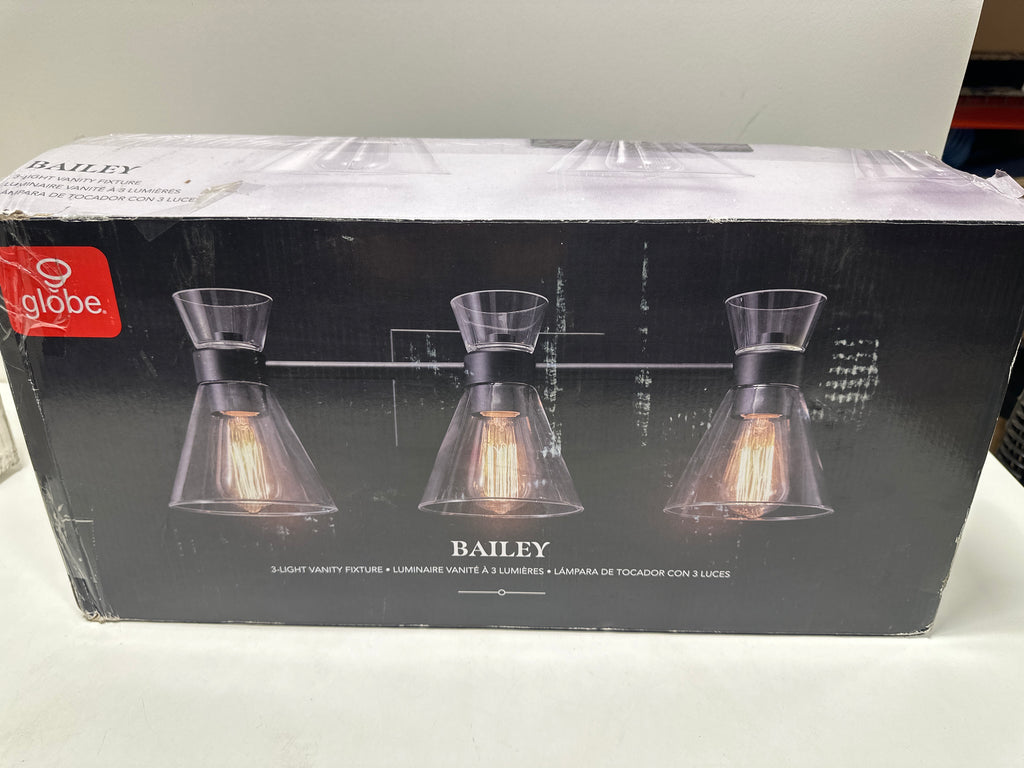 Bailey 23.5 in. 3-Light Matte Black Vanity Light with Clear Glass Shades for Bathroom or Bedroom